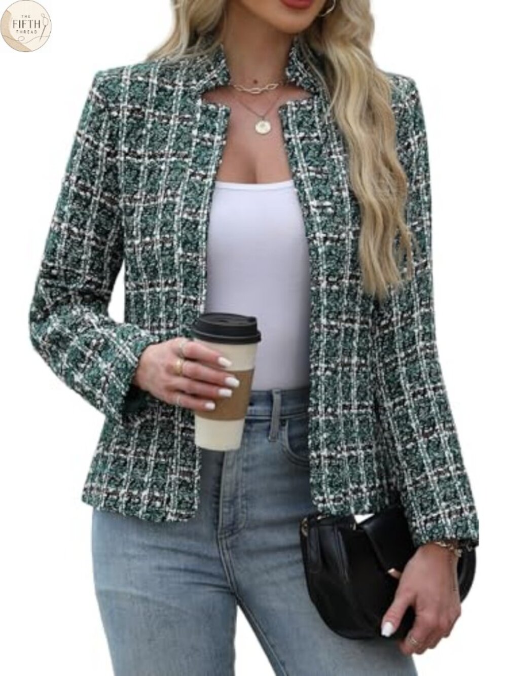 Women's Tweed Open Front Blazer Notch Collar Slim Fit Business Casual